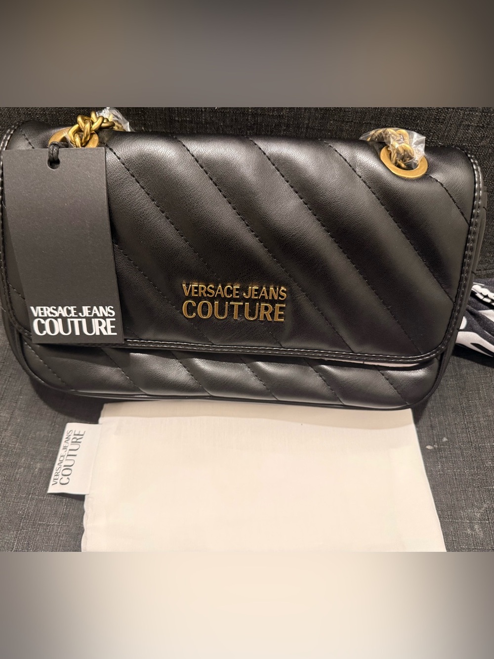 Versace Jeans Couture Black Quilted Shoulder Bag with Gold Logo
